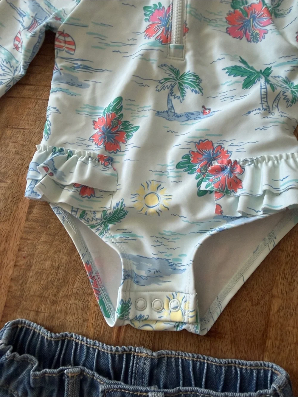 Tropical/Floral Long-Sleeve One-Piece Swimsuit with Old Navy Jeans Shorts